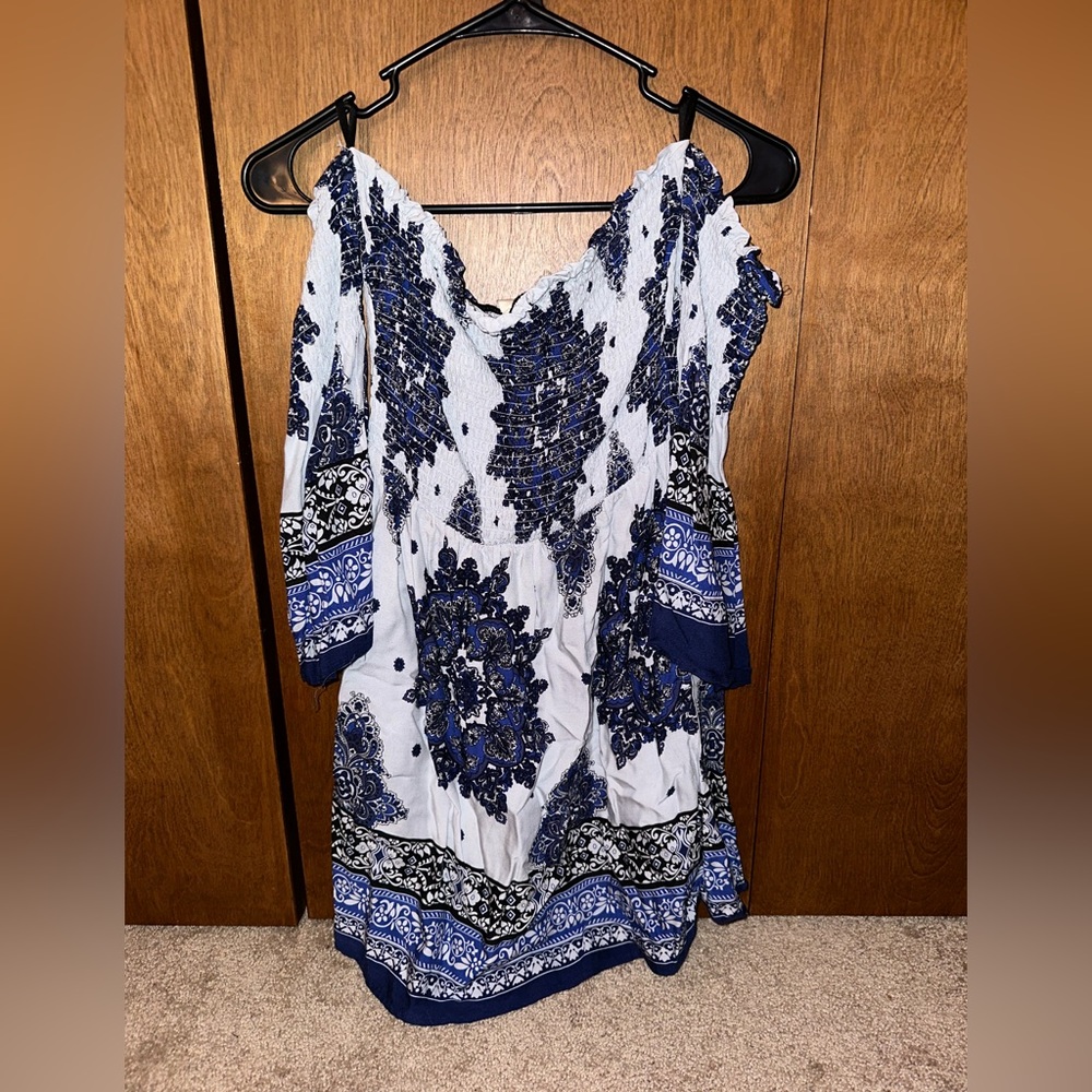 Blue Printed Off the Shoulder Dress